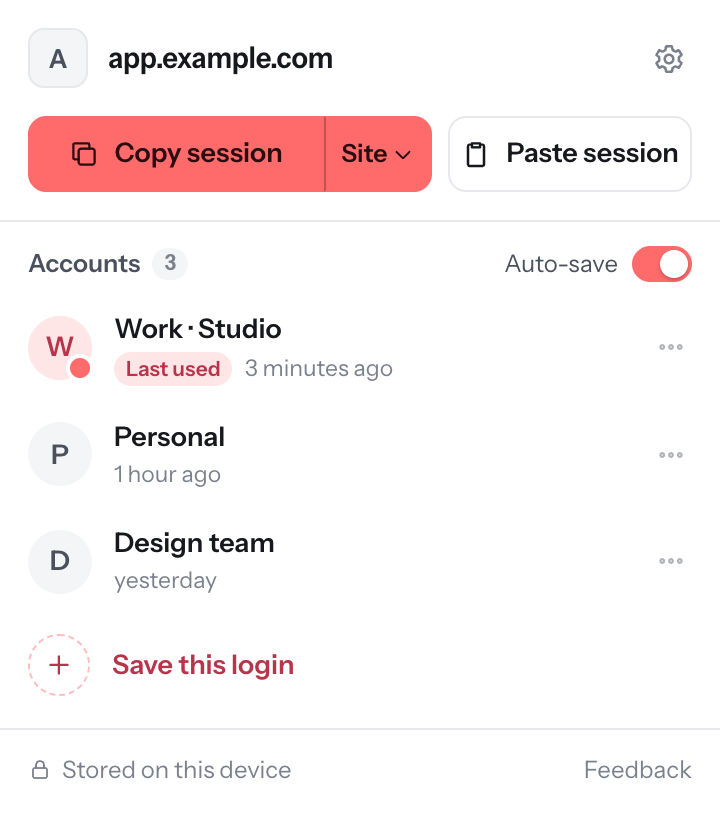 Session Share popup: copy and paste a session, and a list of three saved accounts for app.example.com