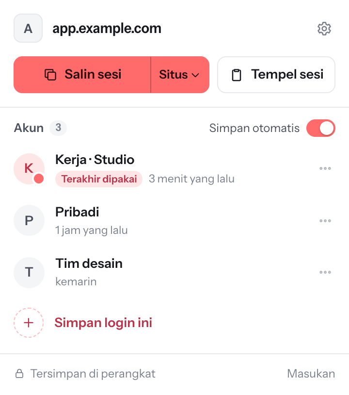 Popup Session Share: salin dan tempel sesi, serta daftar tiga akun tersimpan untuk app.example.com