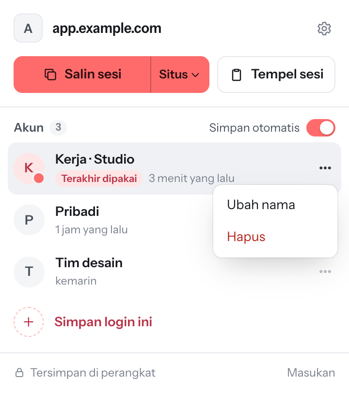 Akun tersimpan dengan menu ubah nama dan hapus