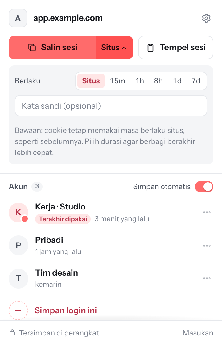 Pilihan salin: ikuti masa berlaku dari situs atau pilih 15 menit hingga 7 hari, dengan kata sandi opsional